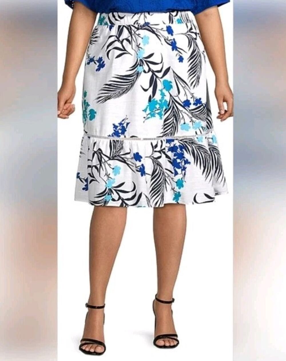 Liz Claiborne Elastic Waist Tiered Skirt White Blue Palms Print
